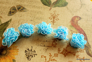 Organza Ribbon Blue and White Carnation Flower Appliques/ Crafts/ Wedding Decoration x 5